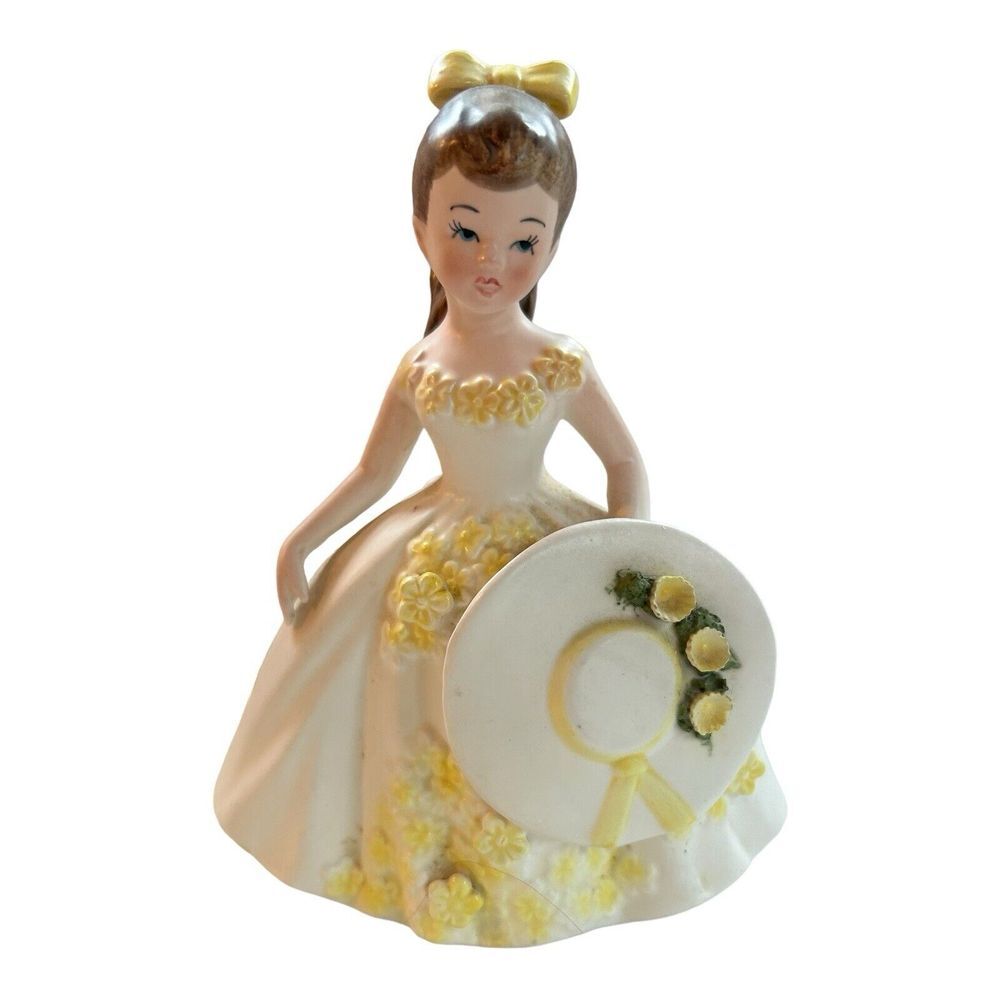 Vintage Lefton Girl Planter Brunette with Bow Dress W/Yellow Flowers & Hat